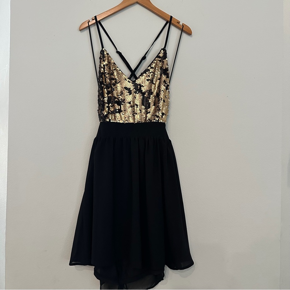 Gold Sequin Black Chiffon Mini Dress Large Open Back Strappy Night Out Dress